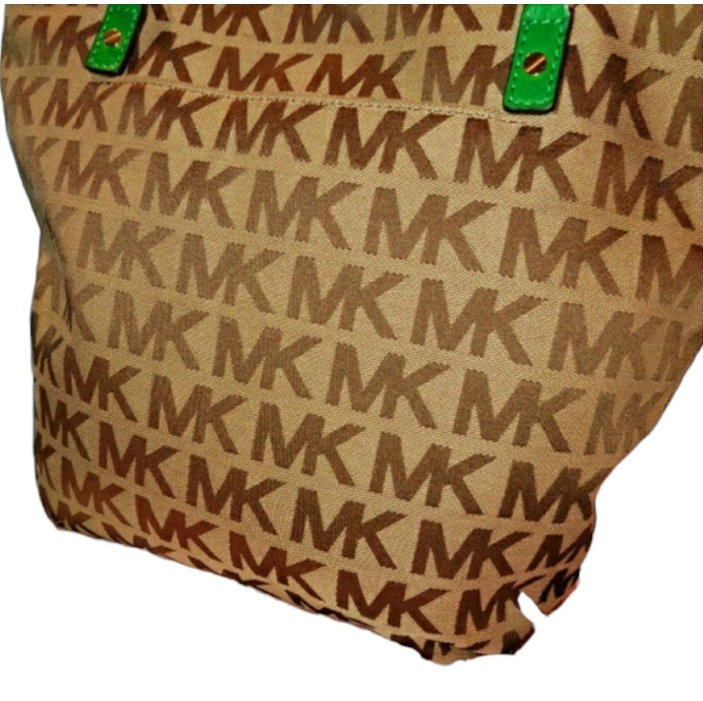 Michael Kors Brown MK Monogram Tote with Green Strap Accents EUC - Picture 2 of 6